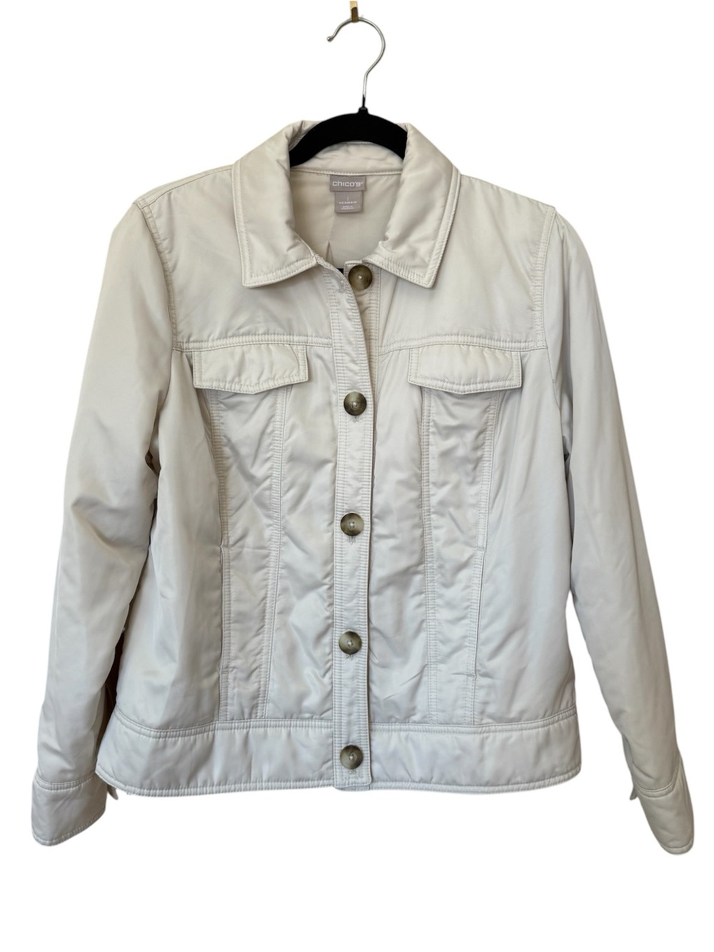 Ivory Padded Trucker Jacket Chico's 1 US 8/10 Button Front Casual Collared Lined